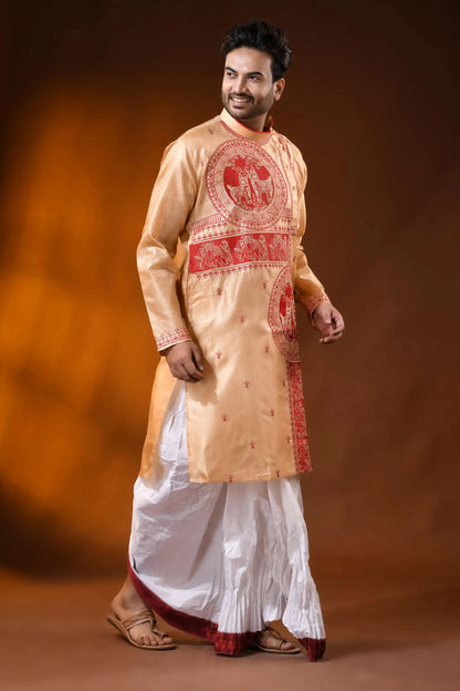 Golden beige semi tussar embroidery horse motif punjabi for men 3