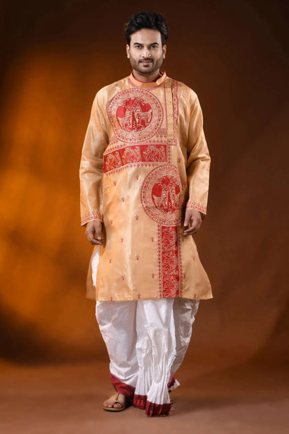 Golden beige semi tussar embroidery horse motif punjabi for men 1