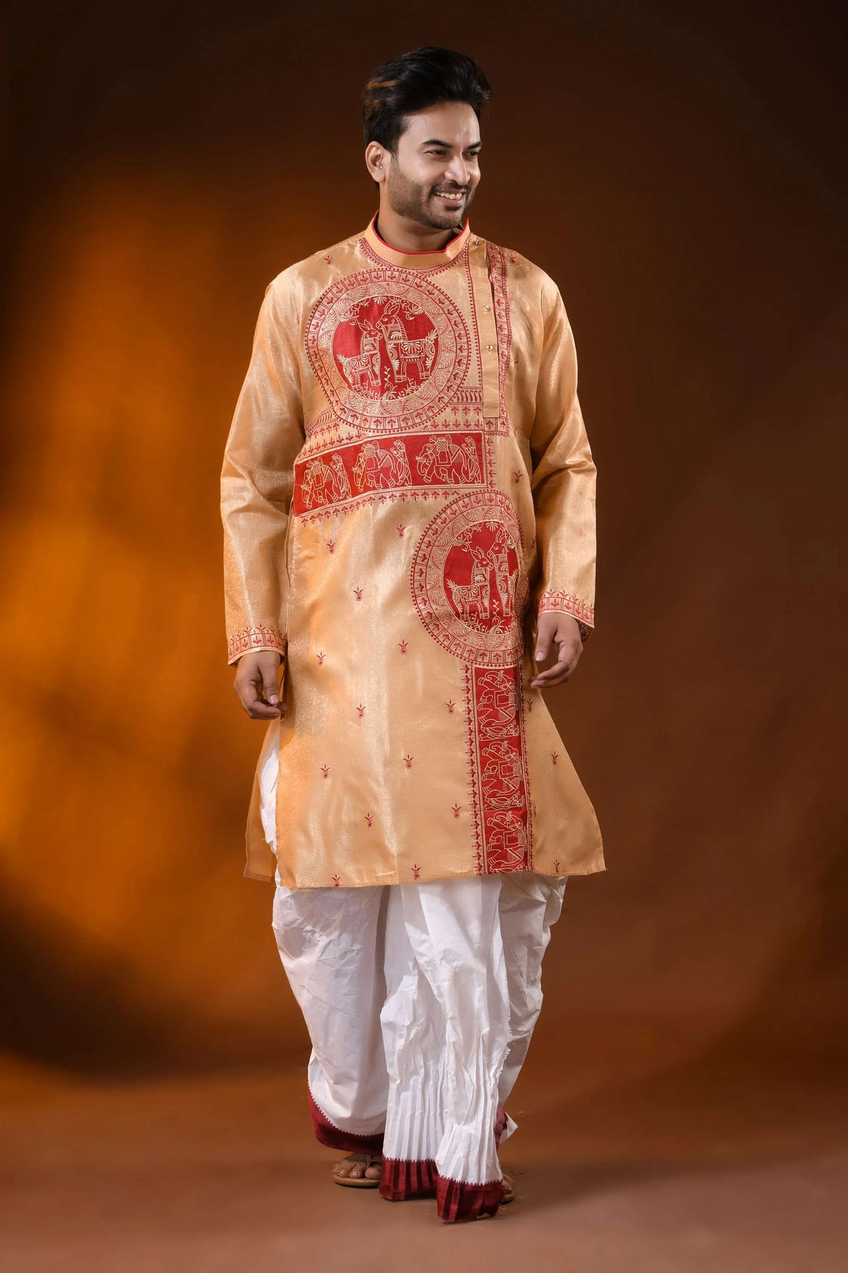 Golden beige semi tussar embroidery horse motif punjabi for men 6