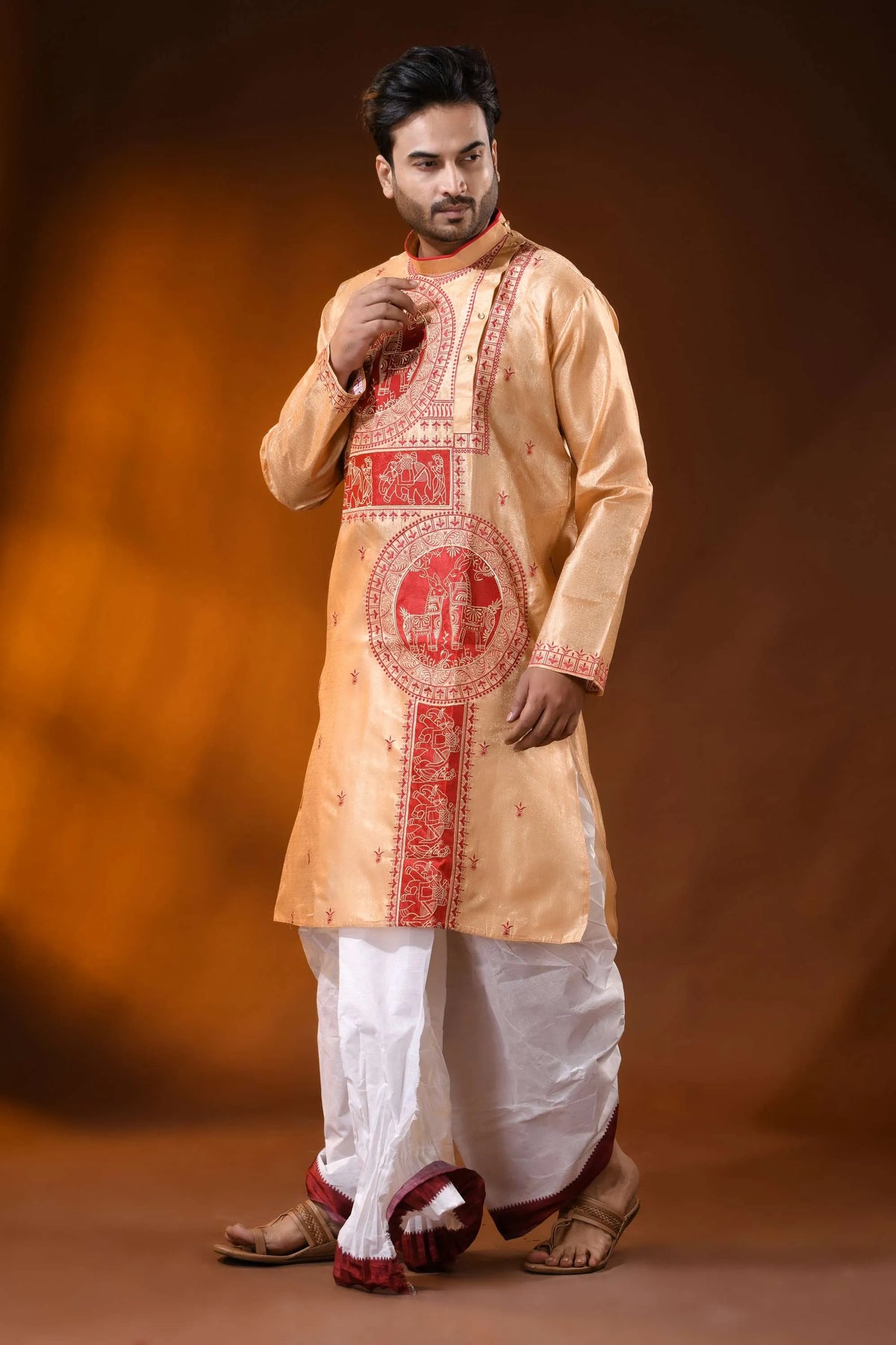 Golden beige semi tussar embroidery horse motif punjabi for men 4