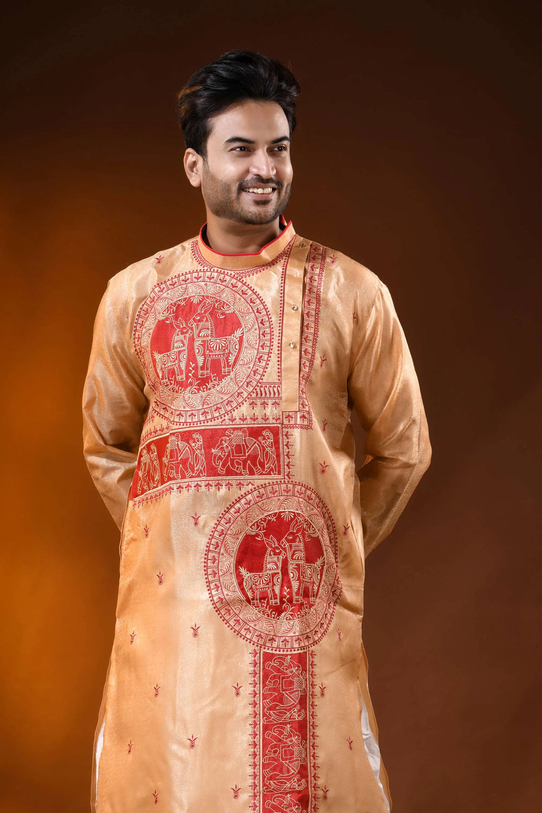 Golden beige semi tussar embroidery horse motif punjabi for men 2