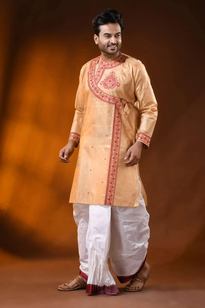 Golden beige semi tussar embroidery punjabi for men - floral design 3
