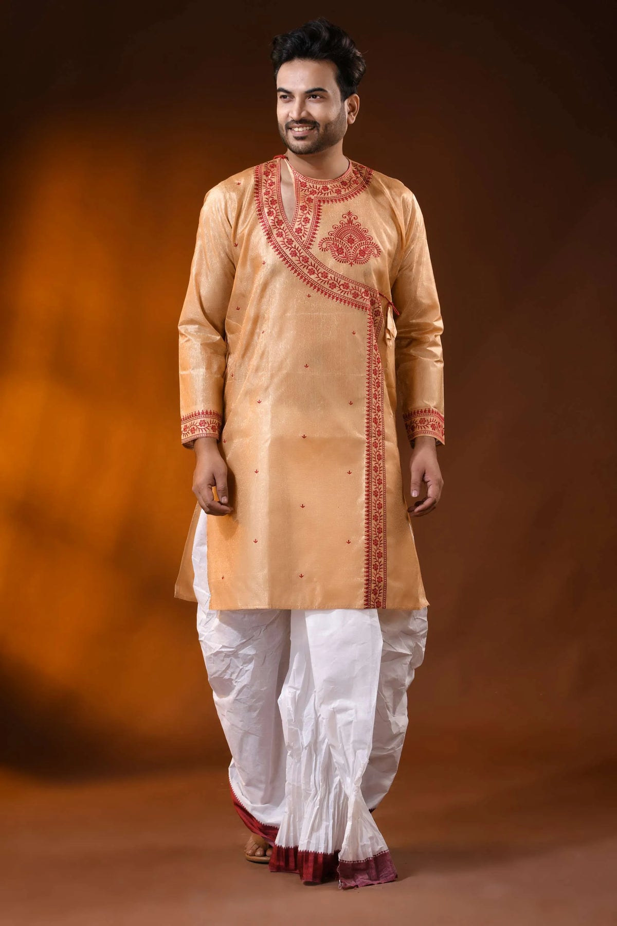 Golden beige semi tussar embroidery punjabi for men - floral design 6
