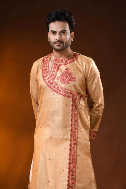 Golden beige semi tussar embroidery punjabi for men - floral design 2