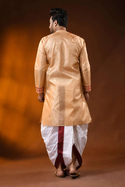 Golden beige semi tussar embroidery punjabi for men - floral design 5