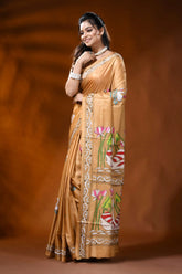 Golden beige silk kantha saree with swan lotus hand embroidery 5