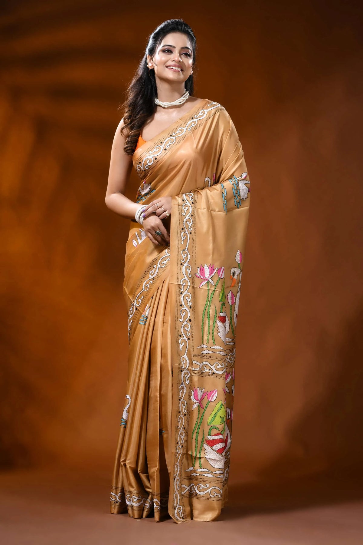 Golden beige silk kantha saree with swan lotus hand embroidery 3