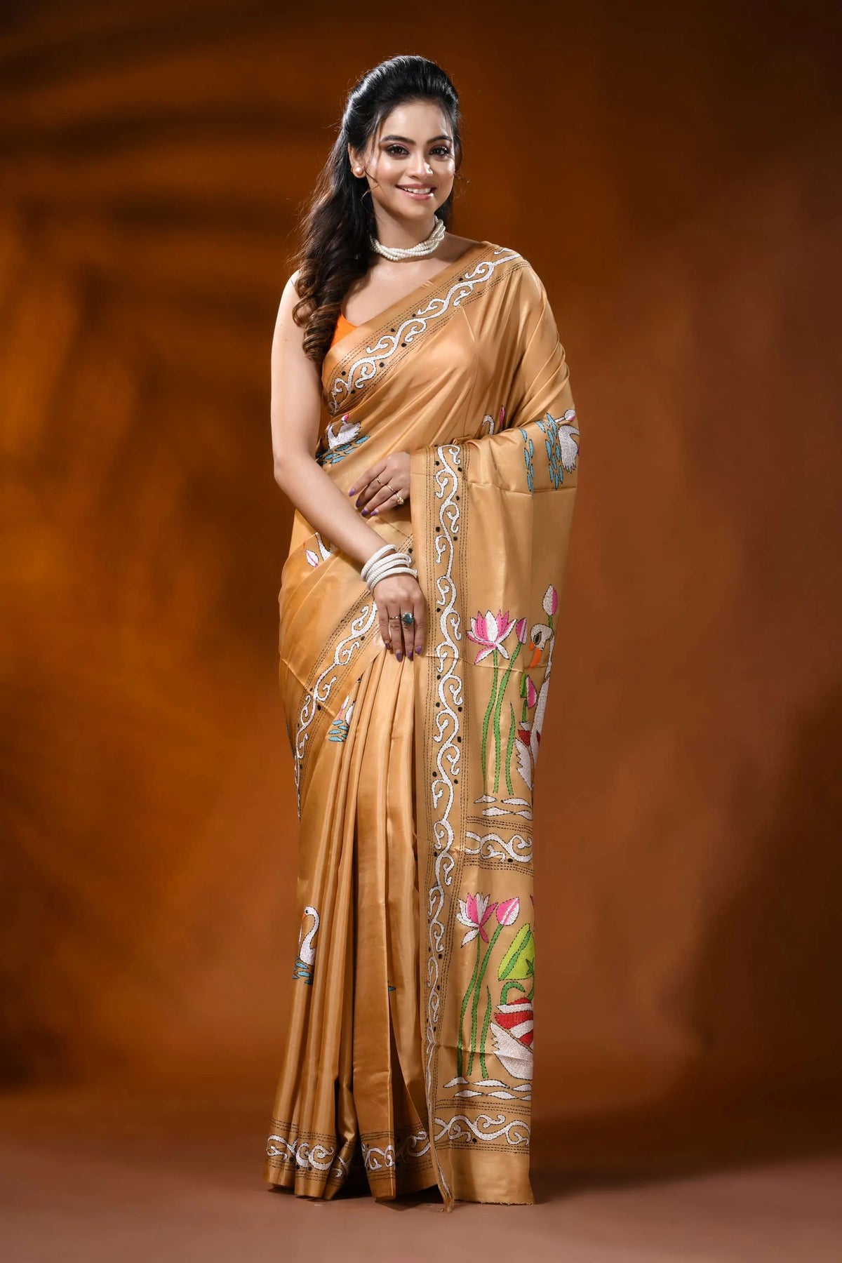 Golden beige silk kantha saree with swan lotus hand embroidery 7