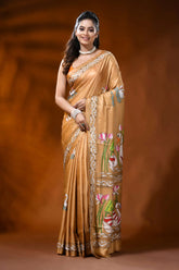 Golden beige silk kantha saree with swan lotus hand embroidery 1