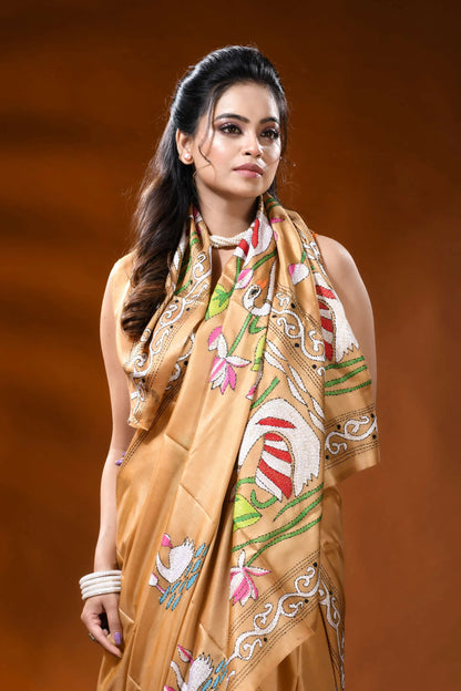 Golden beige silk kantha saree with swan lotus hand embroidery 2