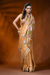 Golden beige silk kantha saree with swan lotus hand embroidery 4