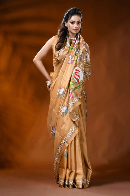Golden beige silk kantha saree with swan lotus hand embroidery 4