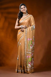 Golden beige silk kantha saree with swan lotus hand embroidery 8