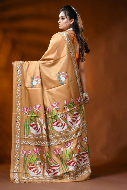 Golden beige silk kantha saree with swan lotus hand embroidery 6