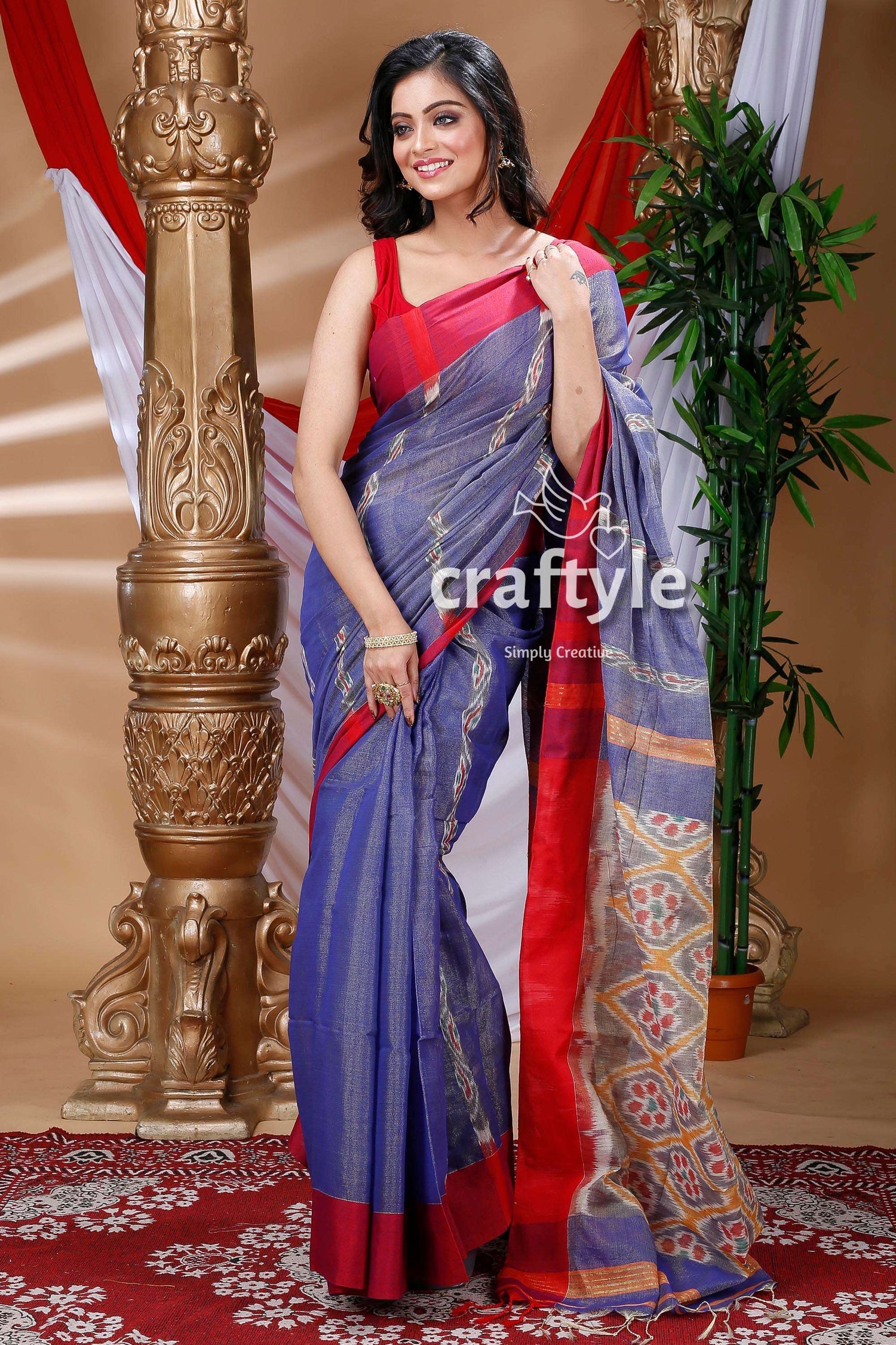 Golden Blue Handloom Cotton Saree-Craftyle