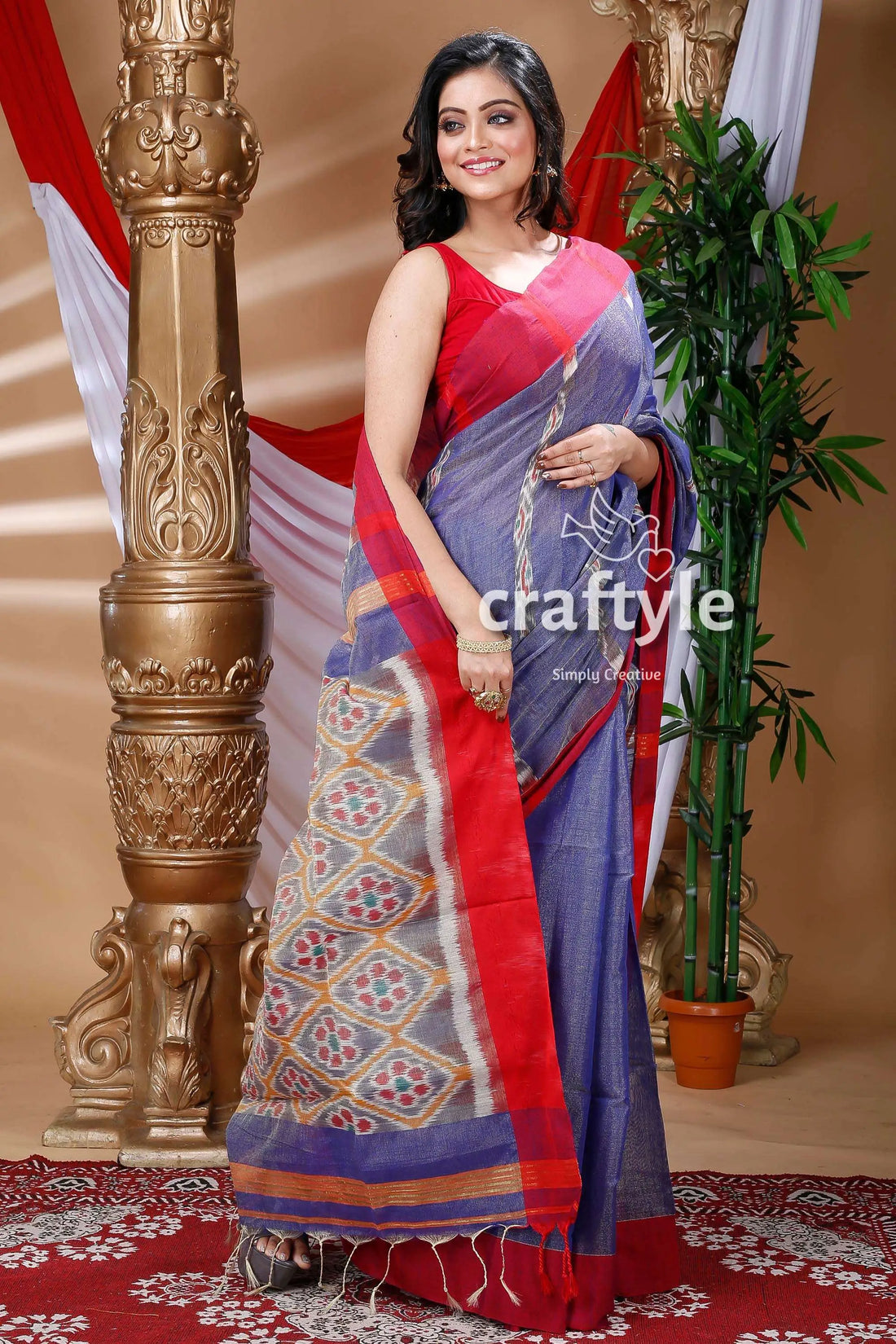 Golden blue handloom cotton saree woman blue red saree 1