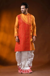 Golden mustard cotton silk embroidery kurta for men - ethnic design 6