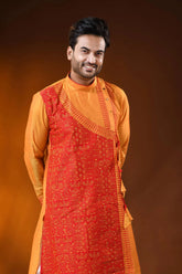 Golden mustard cotton silk embroidery kurta for men - ethnic design 2