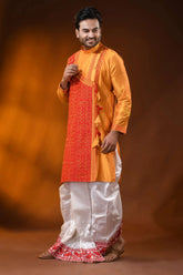 Golden mustard cotton silk embroidery kurta for men - ethnic design 4