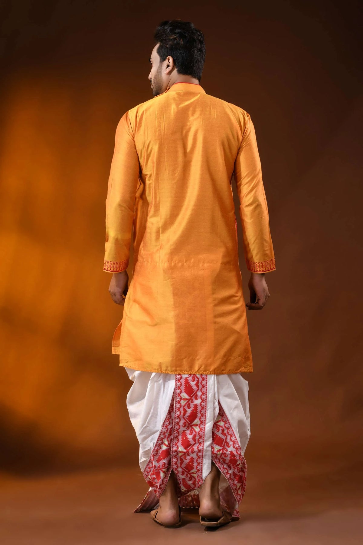 Golden mustard cotton silk embroidery kurta for men - ethnic design 5
