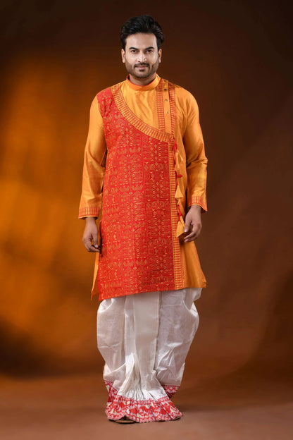 Golden mustard cotton silk embroidery kurta for men - ethnic design 1