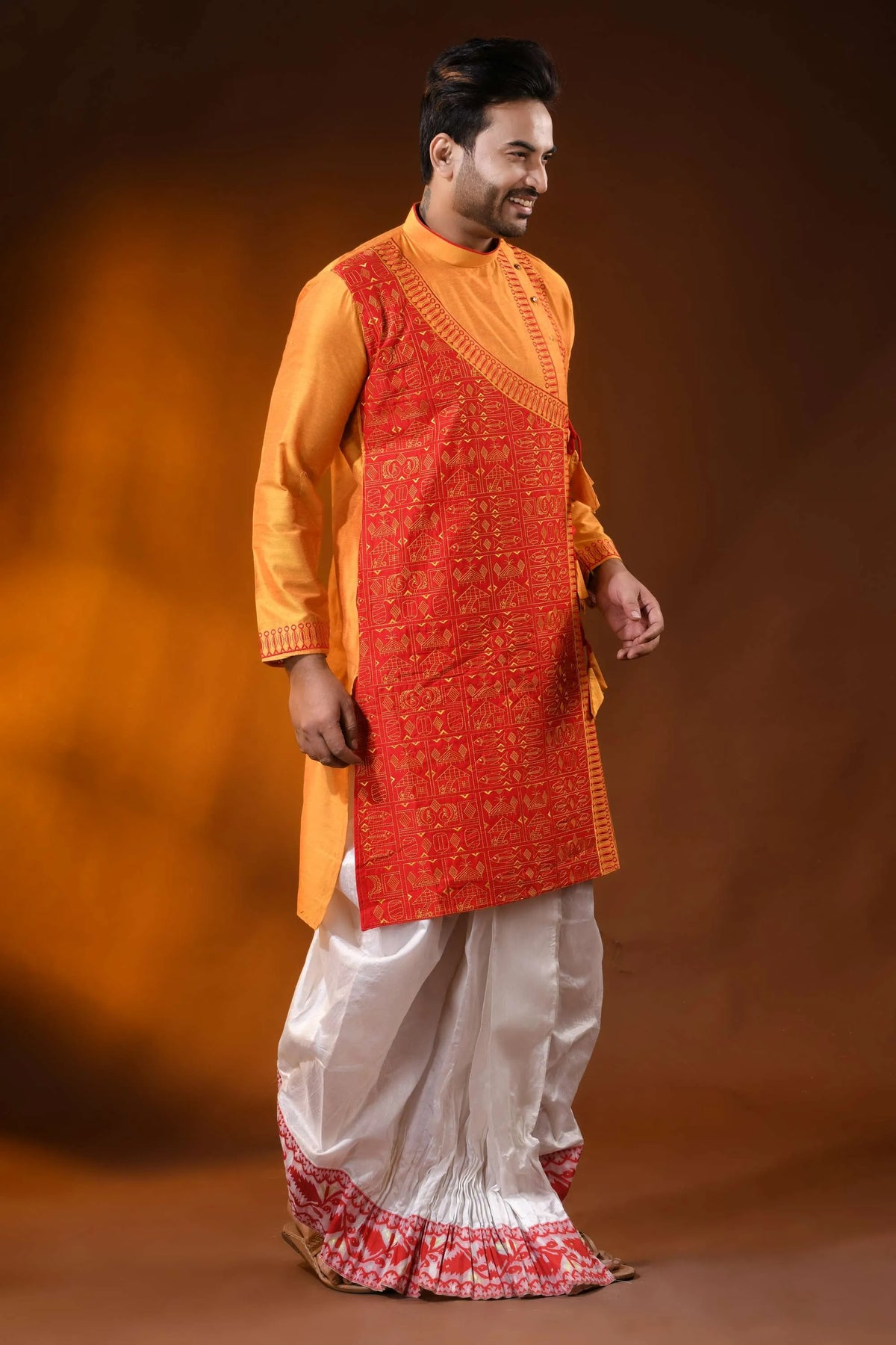 Golden mustard cotton silk embroidery kurta for men - ethnic design 3