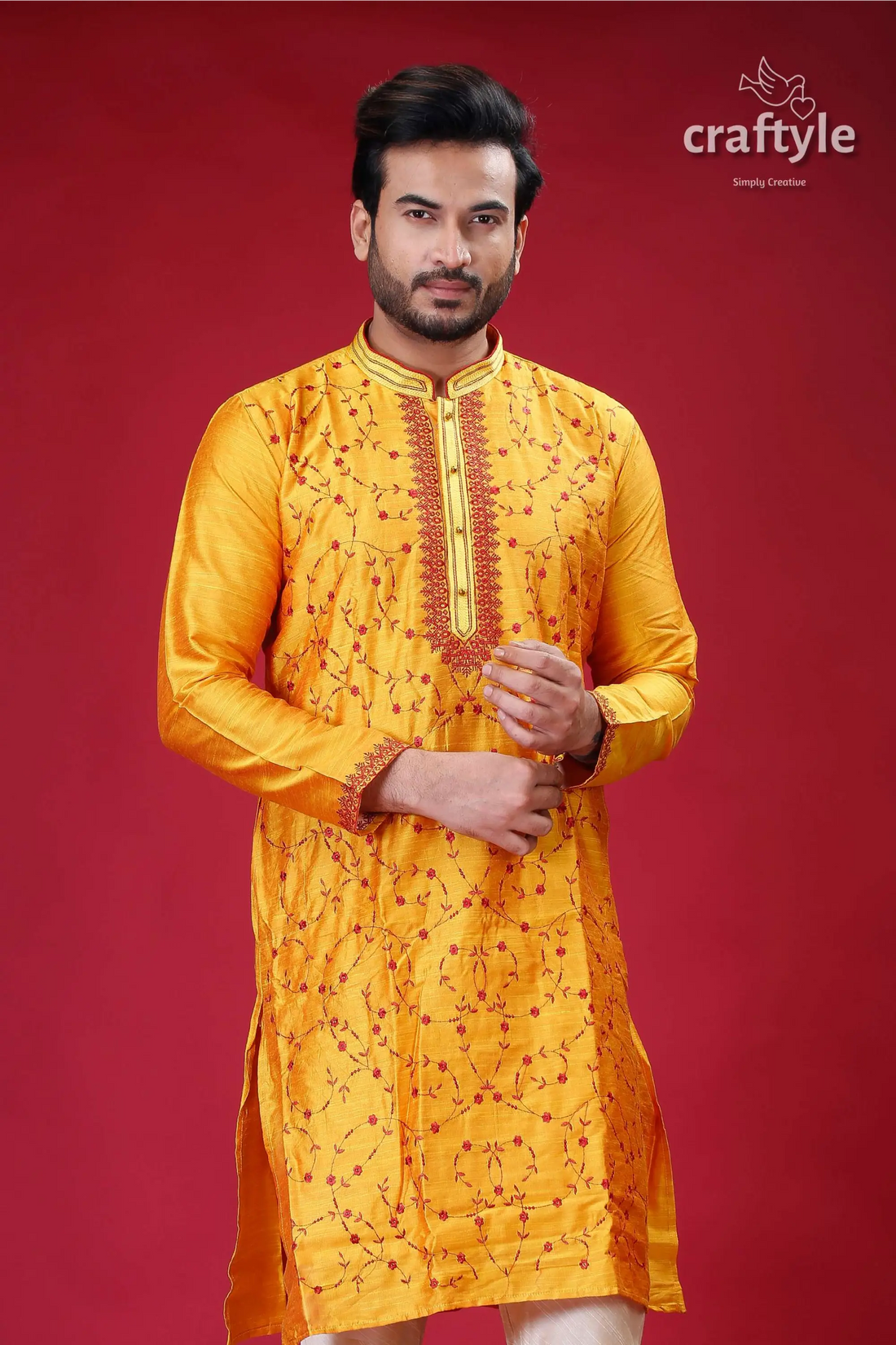 Golden yellow and red embroidery ethnic silk kurta for men yellow embroidered kurta 2