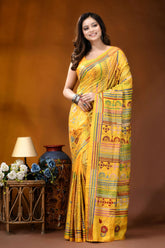 Golden yellow ethnic stripe design handmade silk kantha saree vibrant yellow saree intricate multicolored 6
