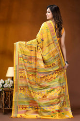 Golden yellow ethnic stripe design handmade silk kantha saree vibrant yellow saree intricate multicolored 5