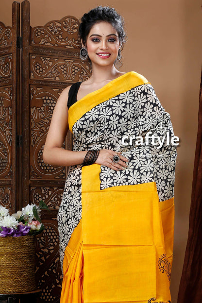 Golden Yellow Hand Block Pure Mulberry Silk Saree - Craftyle