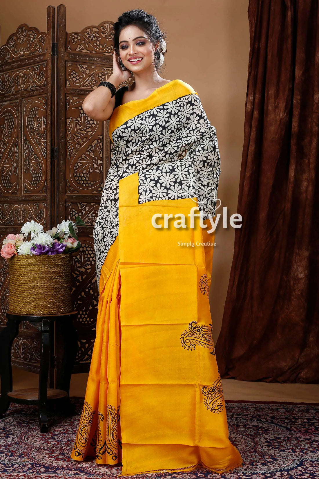 Golden yellow hand block pure mulberry silk saree yellow black floral saree 1