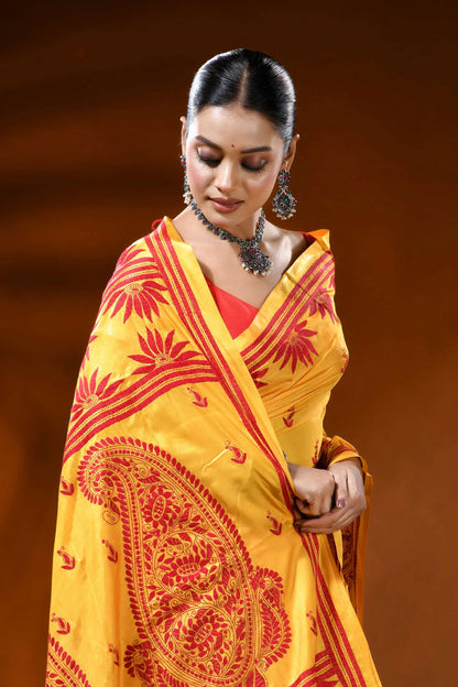 Golden yellow kantha silk saree with red paisley ethnic design 2