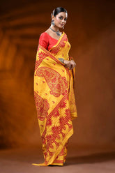 Golden yellow kantha silk saree with red paisley ethnic design 4