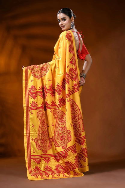 Golden yellow kantha silk saree with red paisley ethnic design 5