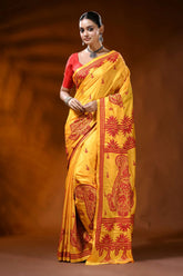 Golden yellow kantha silk saree with red paisley ethnic design 1