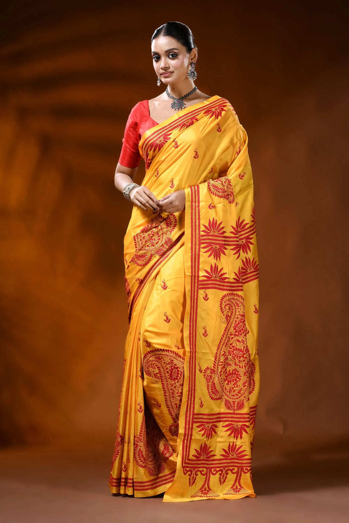 Golden yellow kantha silk saree with red paisley ethnic design 1