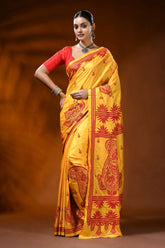 Golden yellow kantha silk saree with red paisley ethnic design 6