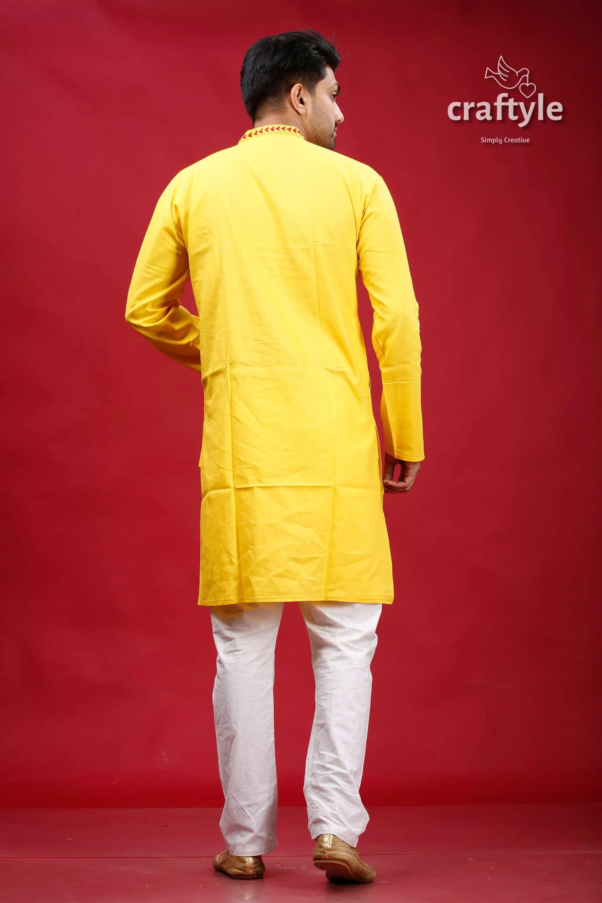 Golden yellow kantha stitch cotton panjabi for men vibrant traditional kurta mandarin 5