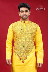 Golden yellow kantha stitch cotton panjabi for men vibrant traditional kurta intricate 2