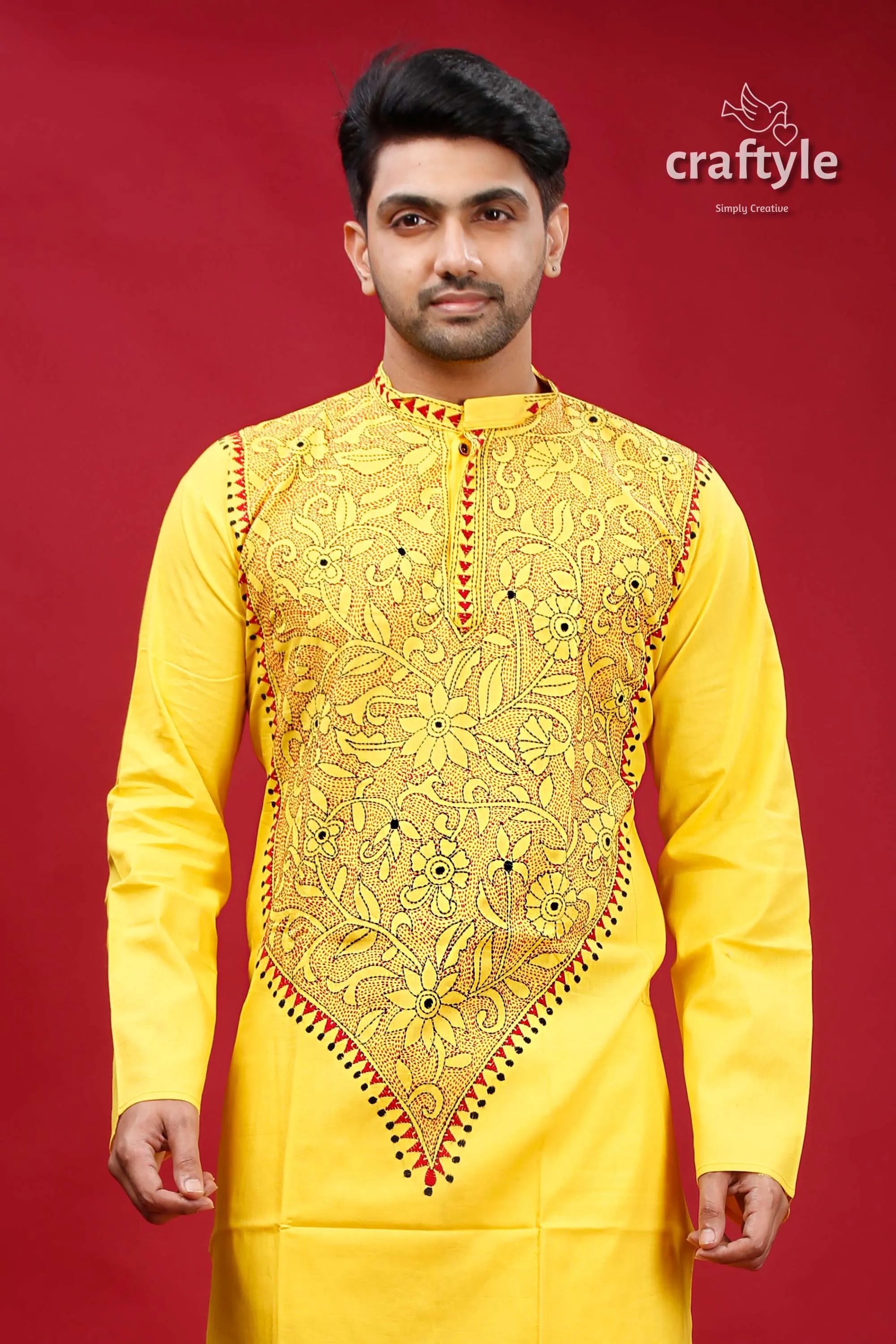 Golden yellow kantha stitch cotton panjabi for men vibrant traditional kurta intricate 2