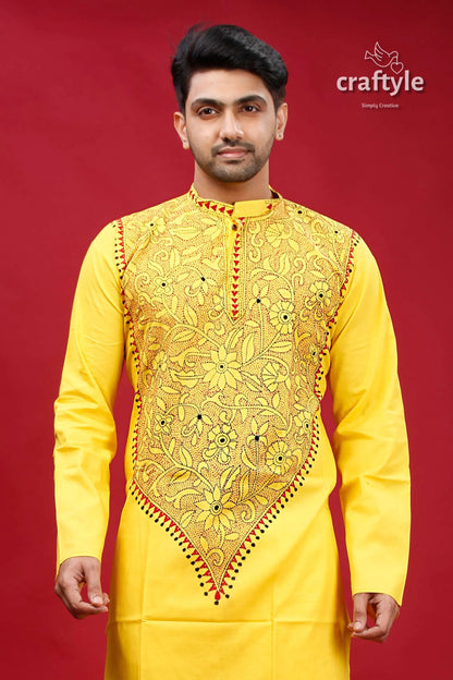 Golden yellow kantha stitch cotton panjabi for men vibrant traditional kurta intricate 2