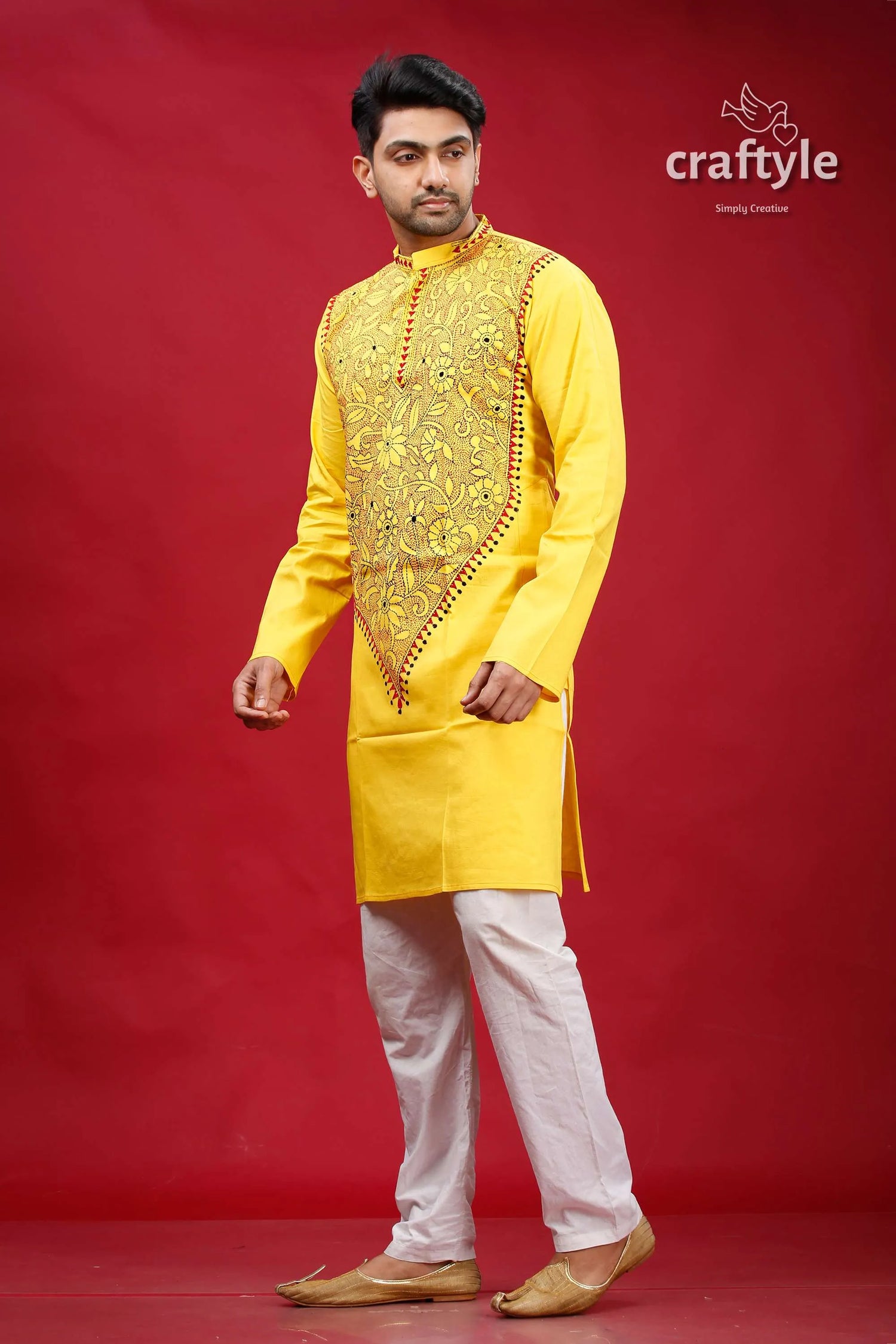 Golden yellow kantha stitch cotton panjabi for men vibrant embroidered kurta intricate 3