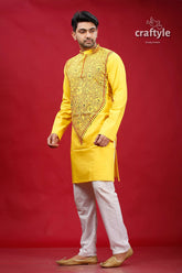 Golden yellow kantha stitch cotton panjabi for men vibrant embroidered kurta intricate 3