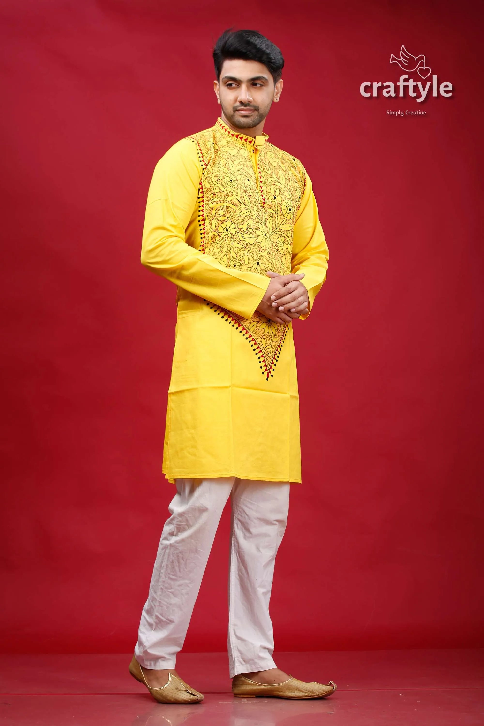 Golden yellow kantha stitch cotton panjabi for men vibrant embroidered kurta intricate 4