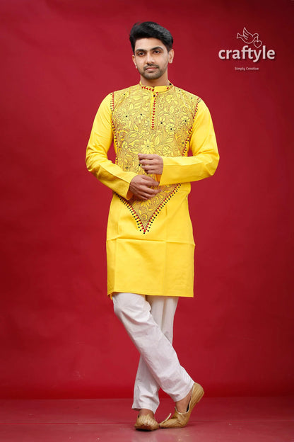 Golden yellow kantha stitch cotton panjabi for men vibrant embroidered kurta intricate 1