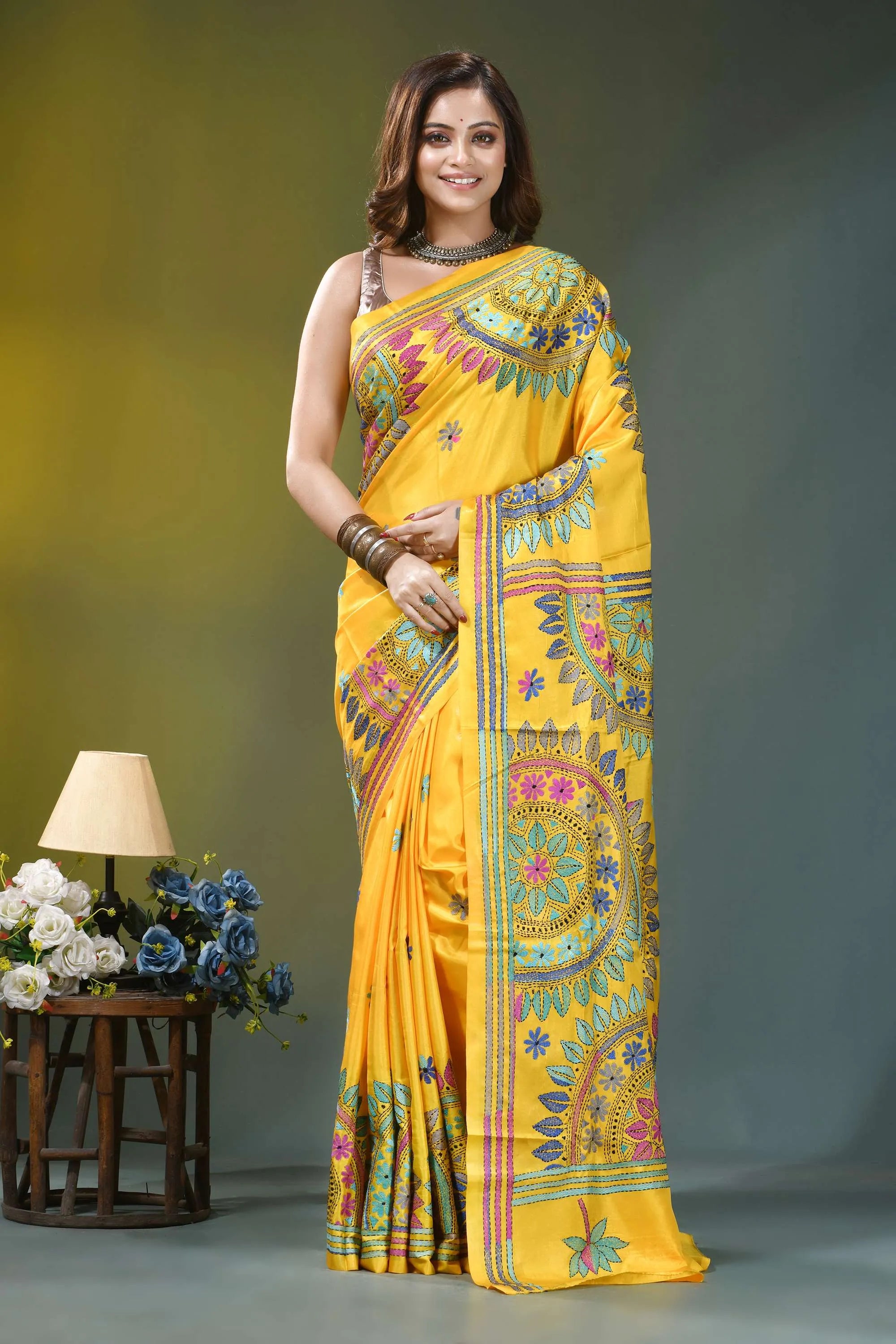 Golden yellow mandala pattern handcrafted silk kantha saree vibrant yellow silk saree adorned 6