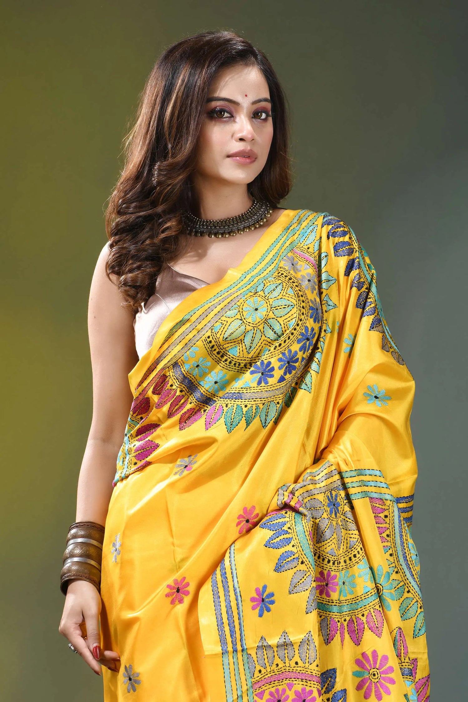 Golden yellow mandala pattern handcrafted silk kantha saree vibrant yellow silk saree adorned 2