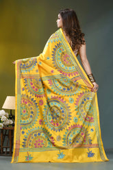 Golden yellow mandala pattern handcrafted silk kantha saree vibrant yellow saree intricate floral 5