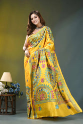 Golden yellow mandala pattern handcrafted silk kantha saree vibrant yellow saree intricate floral 4