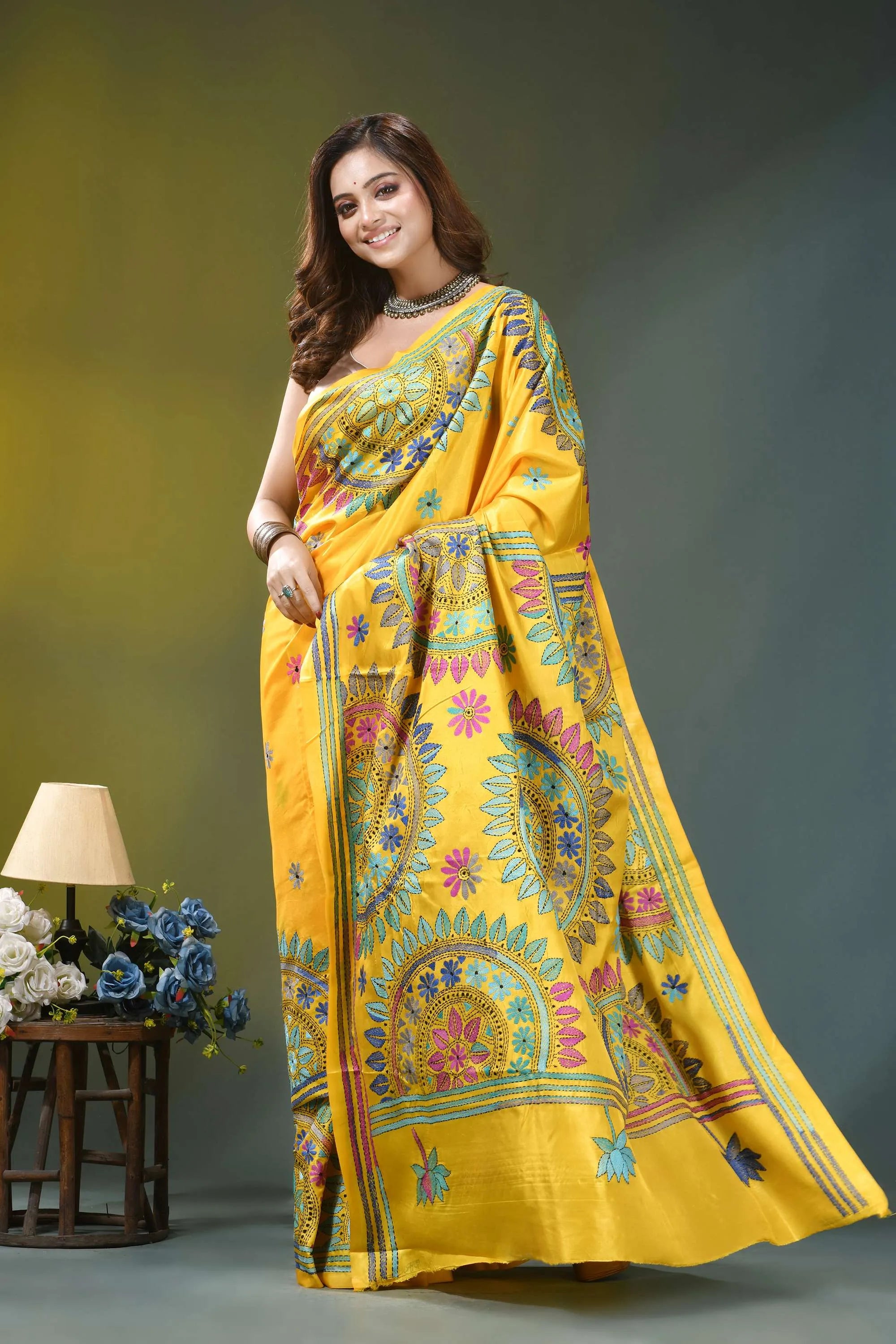 Golden yellow mandala pattern handcrafted silk kantha saree vibrant yellow saree intricate floral 4